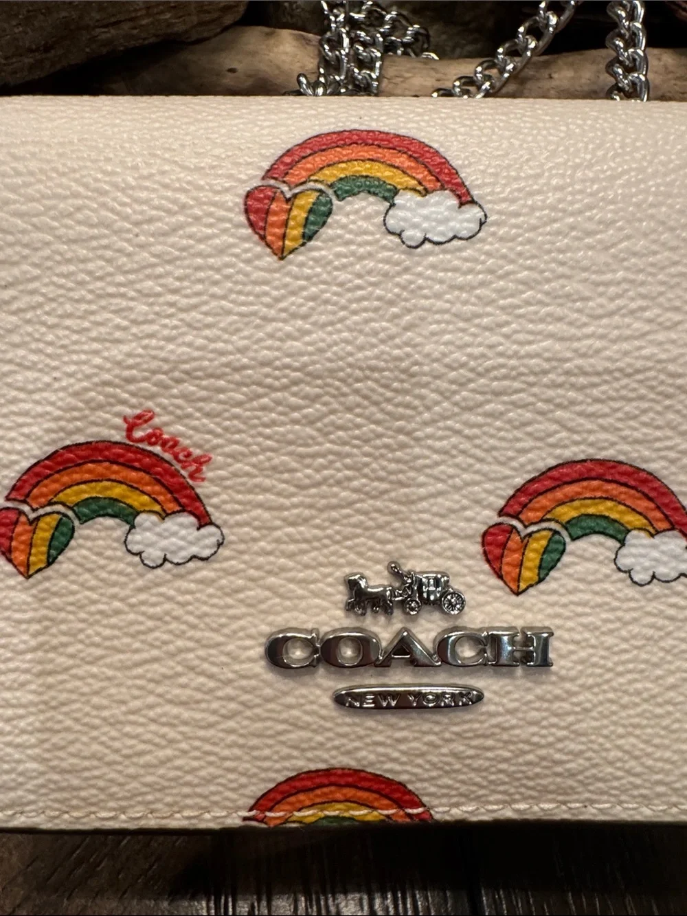 Coach Cream Mini Crossbody with Rainbow Print and Silver Chain
